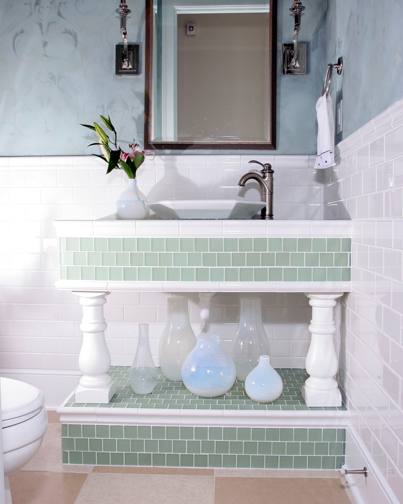 Inspiration for a small beach style 3/4 bathroom in Indianapolis with green cabinets, white tile, subway tile, grey walls, ceramic floors, a vessel sink, tile benchtops, beige floor and white benchtops.