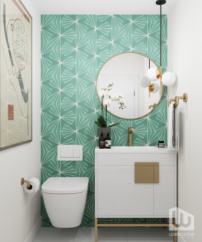 Photo of a small retro cloakroom in Los Angeles with flat-panel cabinets, white cabinets, a wall mounted toilet, green tiles, cement tiles, white walls, ceramic flooring, a submerged sink, engineered stone worktops, white floors, white worktops and a freestanding vanity unit.