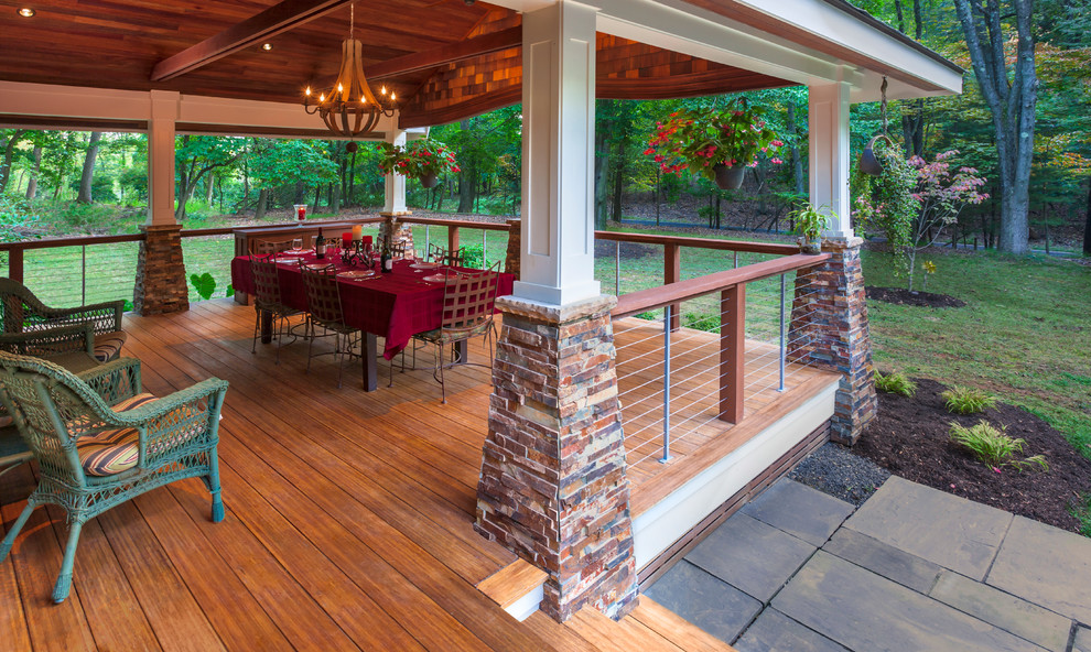 This is an example of a mid-sized arts and crafts front yard verandah in Other with decking and a roof extension.