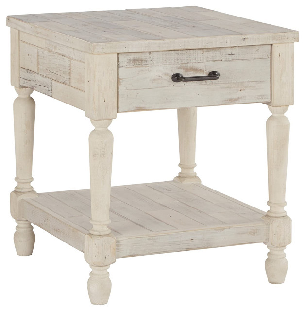 Farmhouse End Table, Storage Drawer and Lower Shelf, Whitewash