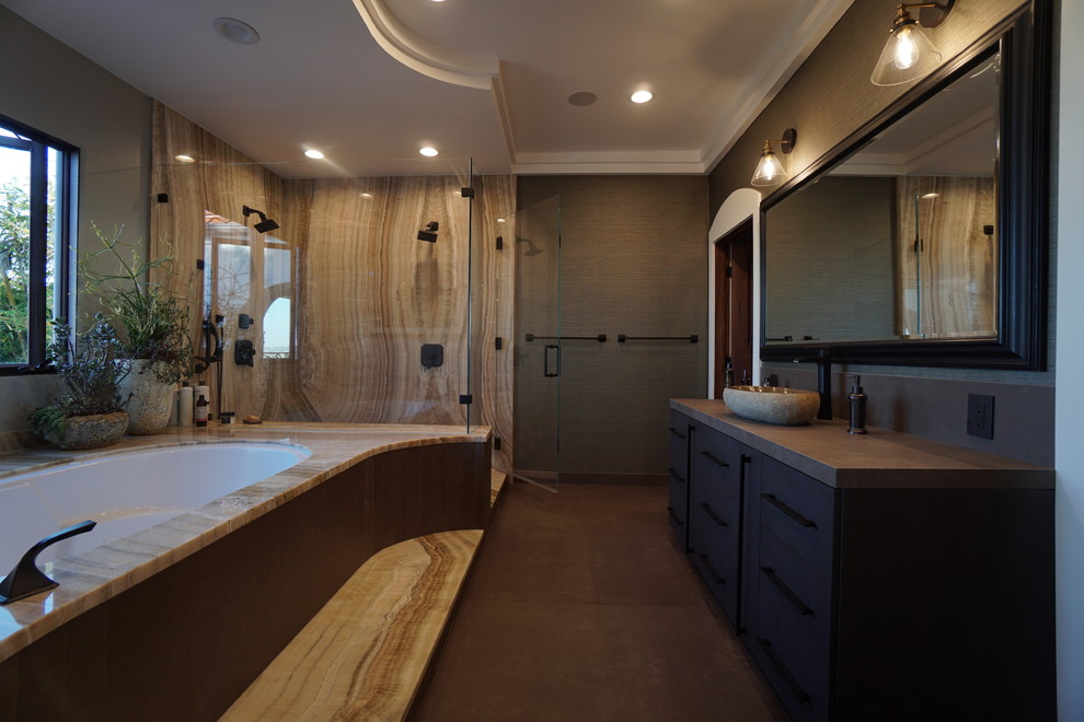 Inspiration for a mid-sized asian master bathroom in Los Angeles with furniture-like cabinets and dark wood cabinets.