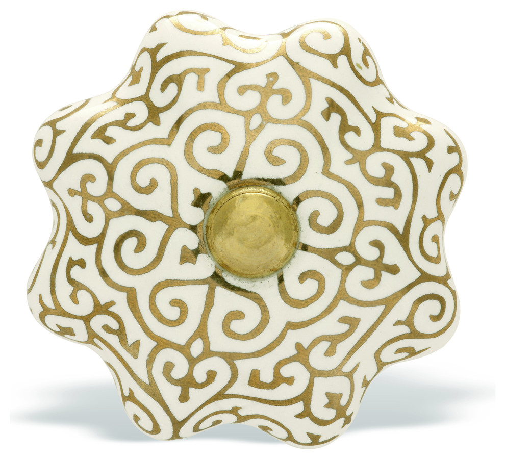 Set of 4 Gold/White Ceramic Cabinet Knobs