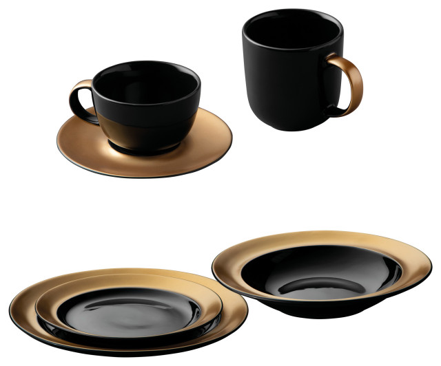 Gem Dinnerware 6pc Place Setting, Black & Gold Contemporary
