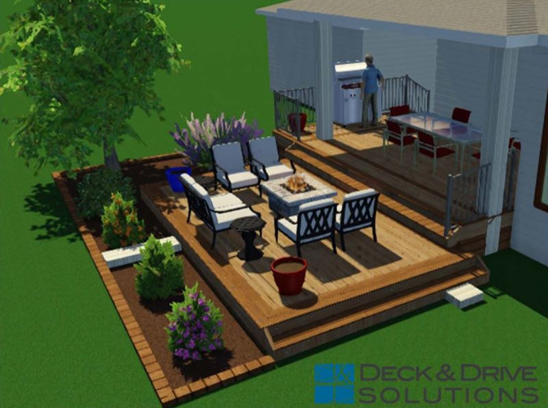 Deck - large backyard ground level metal railing deck idea with a roof extension