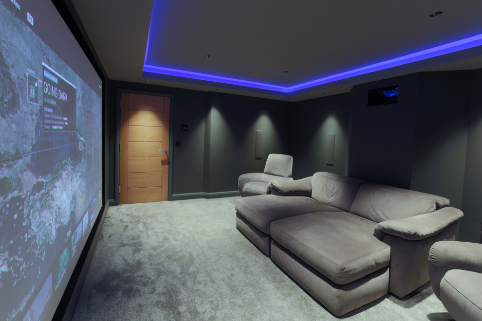 Mid-sized modern enclosed home theatre in Devon with grey walls, carpet and grey floor.