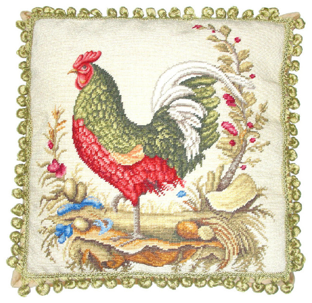 D. Tate Interiors/Artistic Finds, LLC Cheerful Red Rooster Needlepoint Pillow, Neutral ...