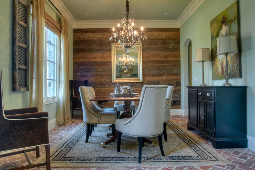 Design ideas for a mid-sized transitional separate dining room in Dallas with brick floors.