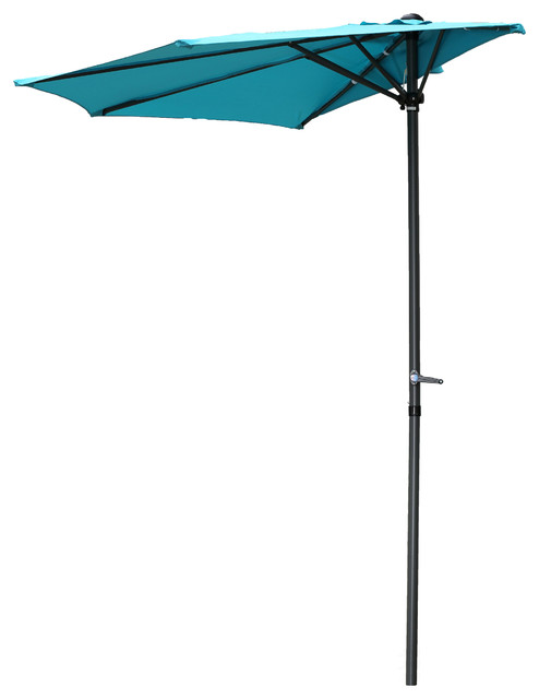 9' Half Round Vented Patio Wall Umbrella With Aluminum Pole, Dark Gray/Aqua Blue
