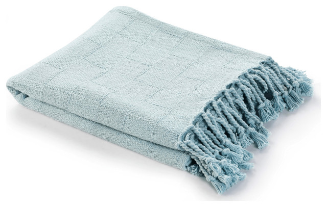Blue Woven Cotton Solid Color Throw Blanket - Contemporary - Throws ...