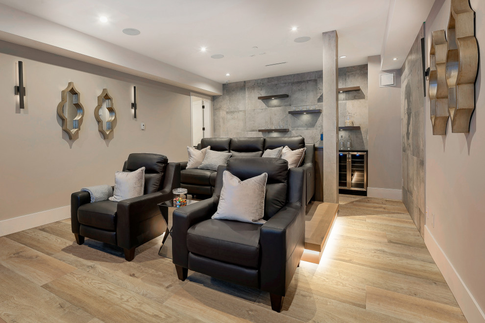 Inspiration for a mid-sized modern enclosed home theatre in Los Angeles with grey walls, vinyl floors, a built-in media wall and brown floor.