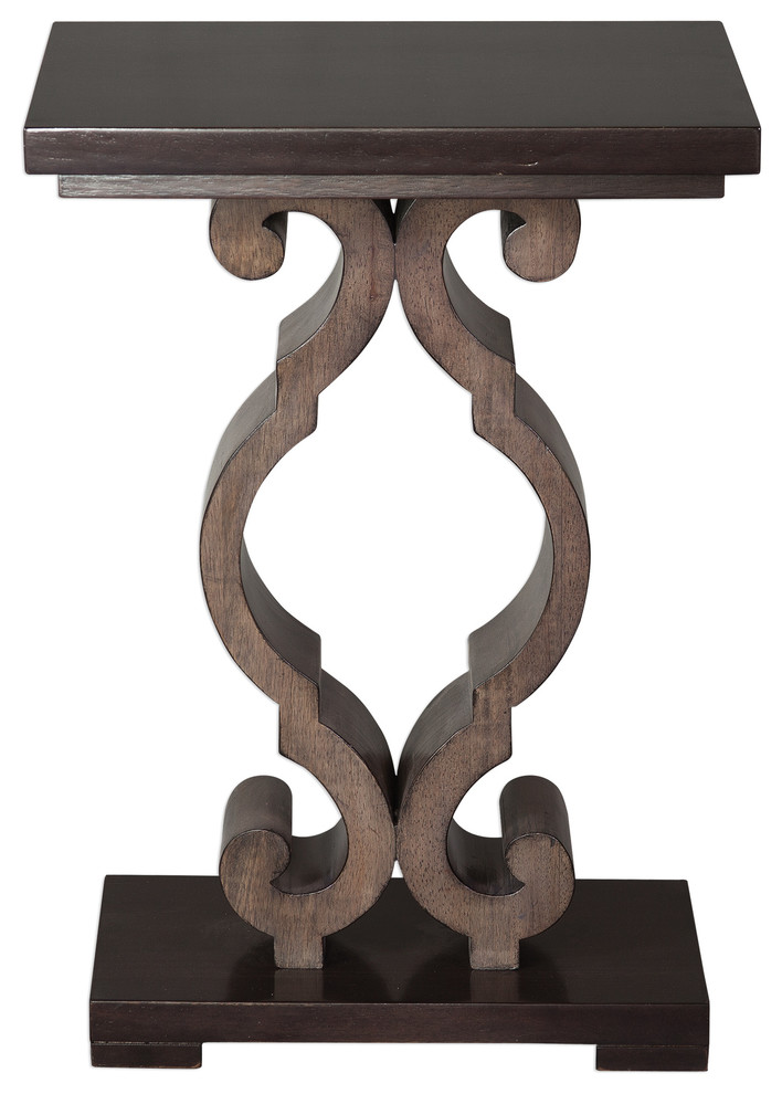 Curved Open Scroll Wood Accent Pedestal Table, Modern Fretwork Dark Ebony Mediterranean Side