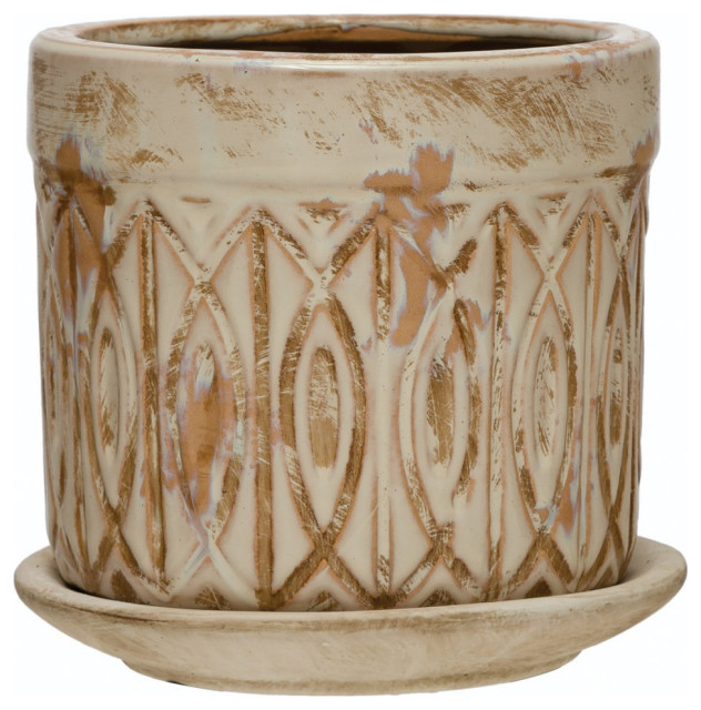 Debossed Terra-cotta Planter With Pattern and Saucer