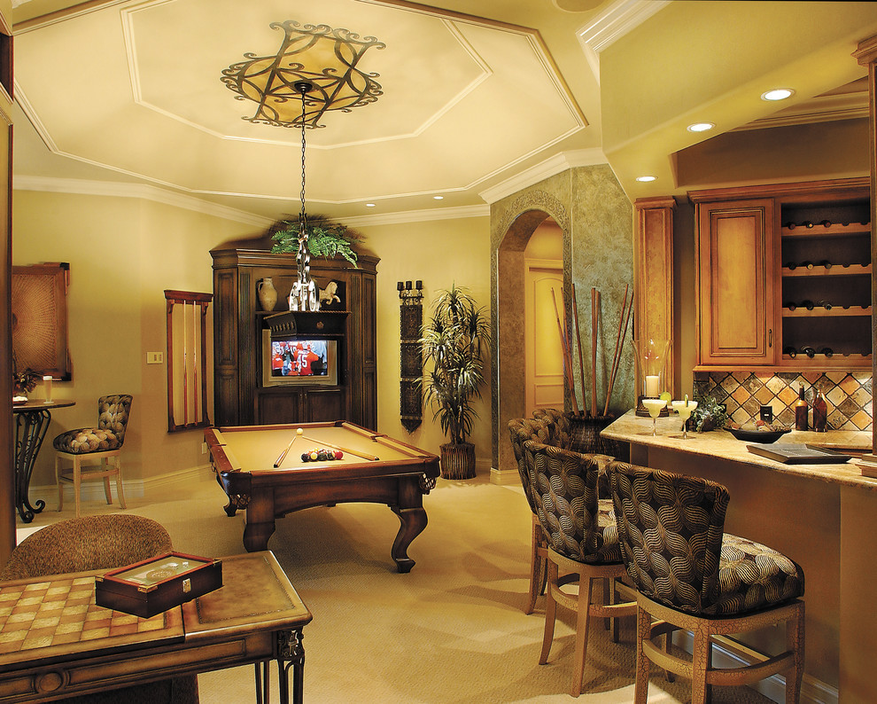 Photo of a large mediterranean open concept family room in Miami with a game room, beige walls, carpet, no fireplace and a built-in media wall.