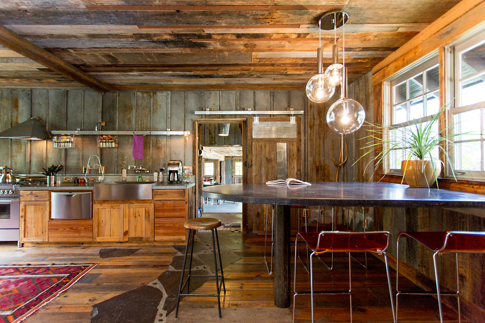 Kitchen - rustic kitchen idea in Denver with shaker cabinets, medium tone wood cabinets and stainless steel appliances