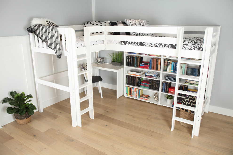 This is an example of a small modern gender neutral teen’s room in Other with grey walls and light hardwood flooring.