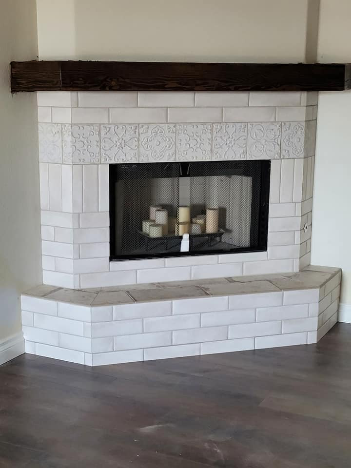 Example of a mid-sized cottage chic porcelain tile and multicolored floor living room design in Phoenix with white walls, a corner fireplace and a tile fireplace