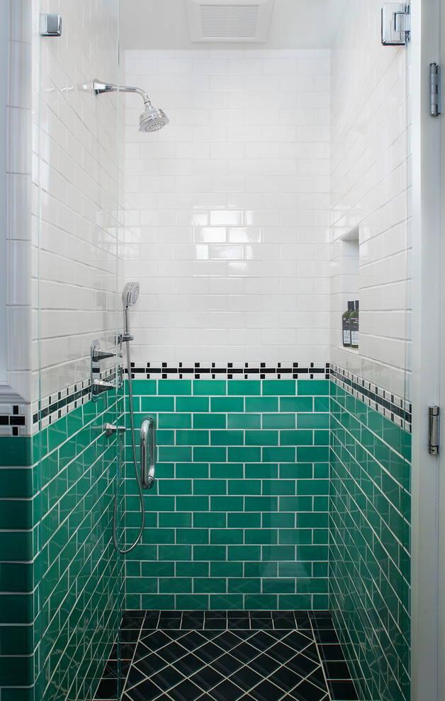Photo of a small midcentury 3/4 bathroom in San Francisco with beige tile, marble floors, marble benchtops, yellow benchtops, an alcove shower, ceramic tile, white walls, black floor and a hinged shower door.