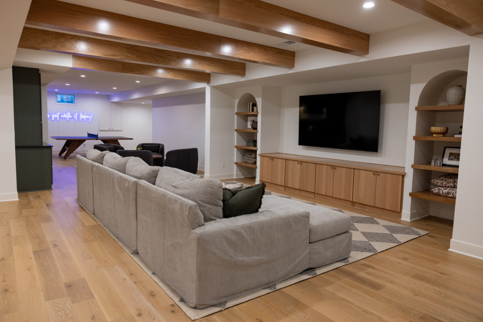 Modern Cozy Basement Remodel with Kings Buff Oak Flooring - Modern ...