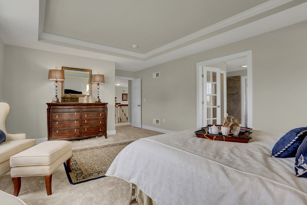 Photo of a large traditional master bedroom in Other with grey walls, carpet and beige floor.