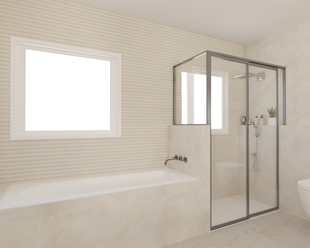 This is an example of a large contemporary master bathroom in Malaga with open cabinets, light wood cabinets, a drop-in tub, a curbless shower, a wall-mount toilet, beige tile, ceramic tile, white walls, porcelain floors, wood benchtops, white floor, a sliding shower screen, brown benchtops, a single vanity, a built-in vanity, recessed and wallpaper.