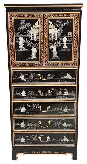 Black Mother of Pearl Ladies Oriental Furniture Tall Lacquer Curio Cabinet