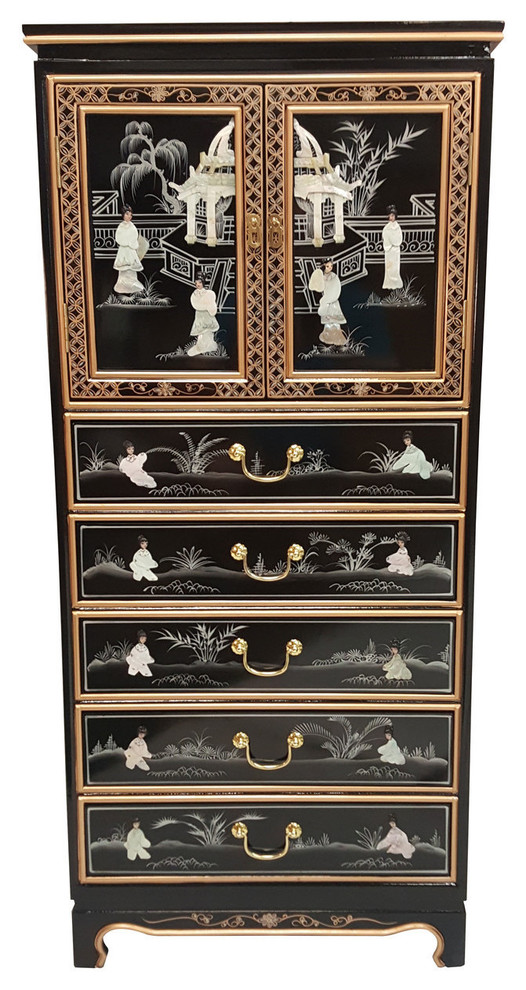 52 Black Lacquer Oriental Lingerie Cabinet Hand Painted Carved
