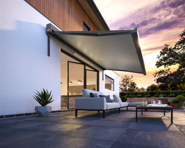 Contemporary Patio with Grey Awning and Bi-fold Doors - Modern ...