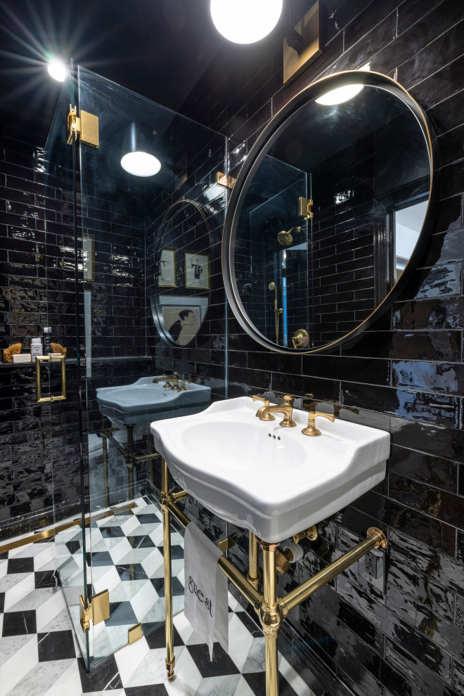Example of a trendy 3/4 black tile and ceramic tile marble floor, multicolored floor and single-sink bathroom design in Dallas with a two-piece toilet, black walls, a pedestal sink and a freestanding vanity