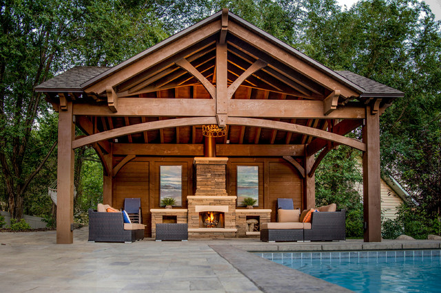 Poolside Timber Frame Pavilion w/Fireplace & Chandelier - Craftsman ...