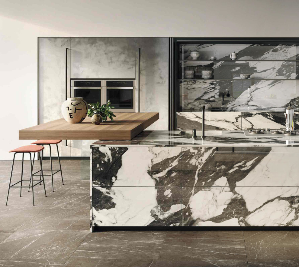 Inspiration for a large modern kitchen in Miami with flat-panel cabinets, marble floors, with island and grey floor.
