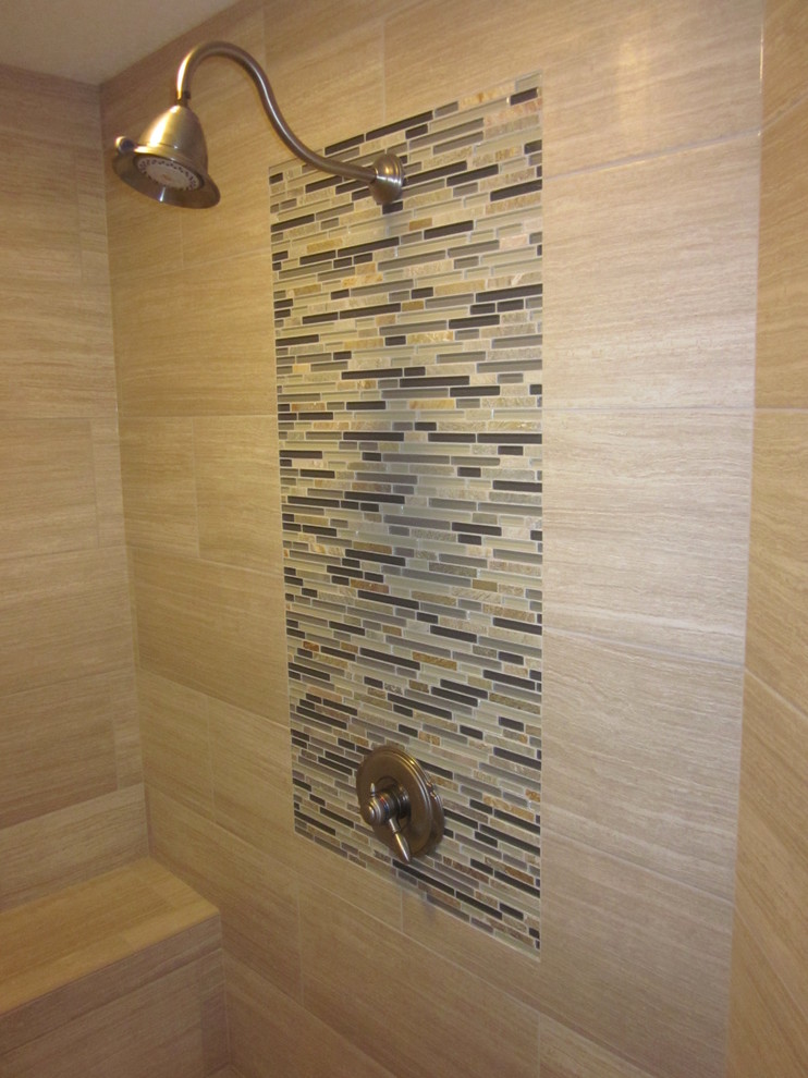 Large transitional master beige tile and ceramic tile doorless shower photo