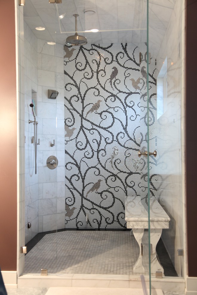 Home design - large transitional master white tile and stone tile marble floor home design idea in Milwaukee with an undermount sink, raised-panel cabinets, red cabinets, marble countertops, a one-piece toilet and purple walls