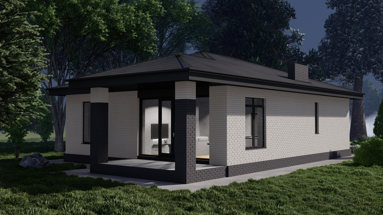 Одноэтажный дом с двумя спальнями, кабинетом и кухней-столовой (107 м2)