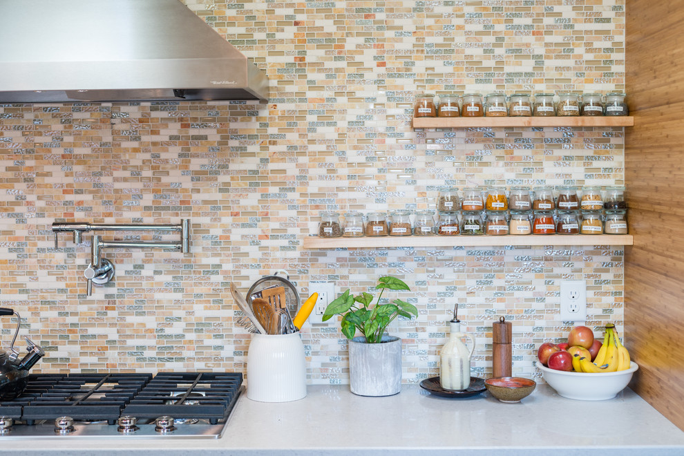 Mid-sized light wood floor kitchen photo in Denver with flat-panel cabinets, brown cabinets, beige backsplash and an island