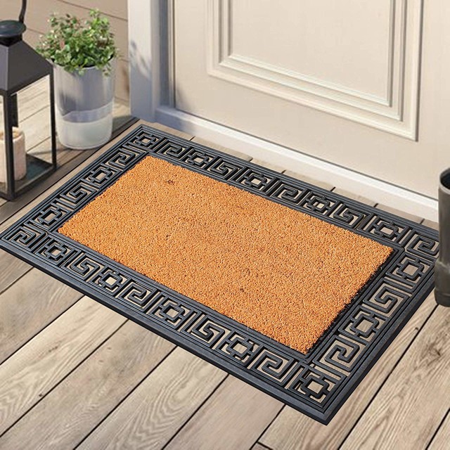 Rubber and Coir Doormat With Greek Key Border, 24"x36" Contemporary