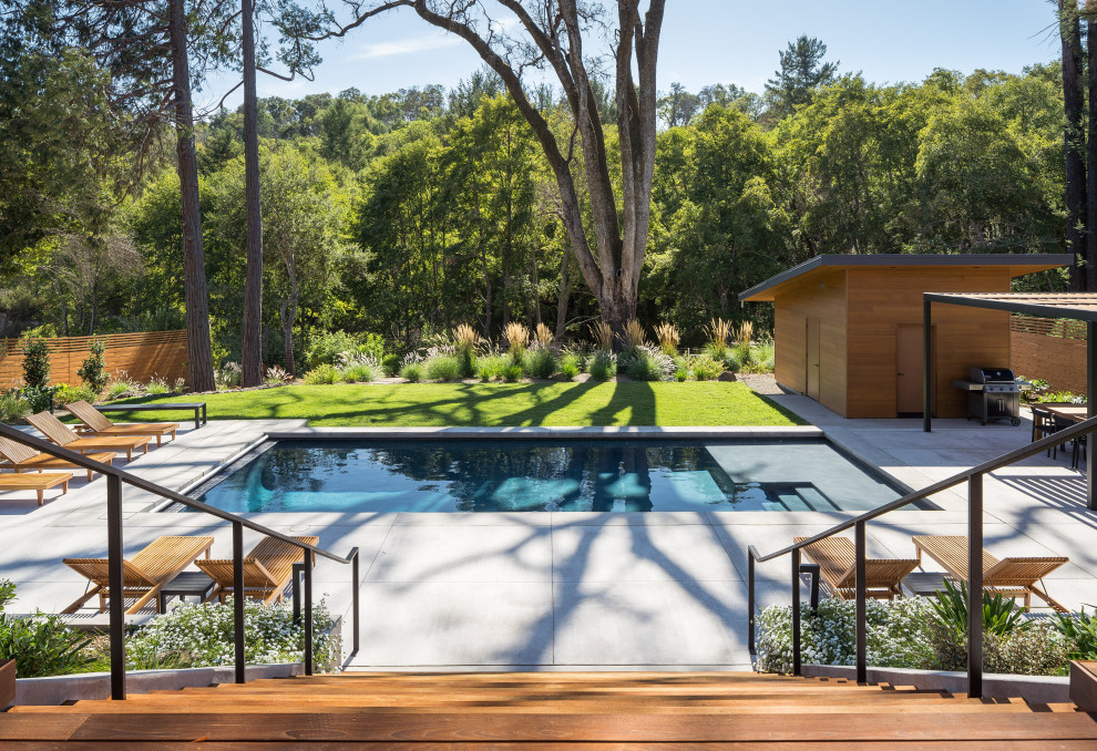 Cette image montre un piscine avec aménagement paysager arrière vintage de taille moyenne et rectangle avec une dalle de béton.