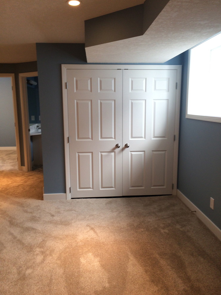 Inspiration for a mid-sized transitional look-out carpeted and brown floor basement remodel in Calgary with gray walls and no fireplace