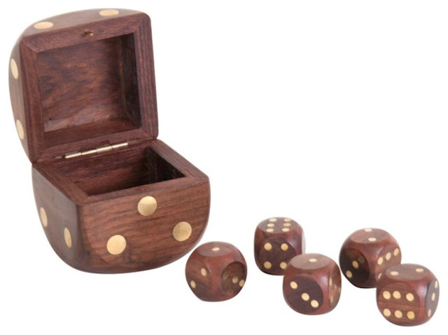 Authentic Models Dice Box With 5 Dices, Brass/Honey