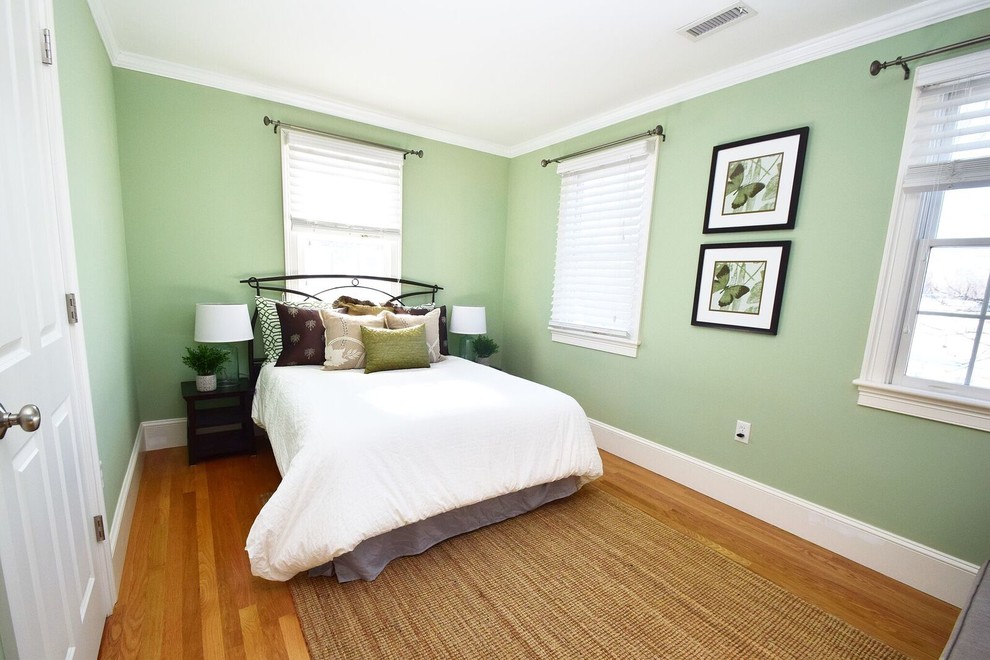 Design ideas for a mid-sized transitional guest bedroom in Boston with green walls, medium hardwood floors, no fireplace and brown floor.