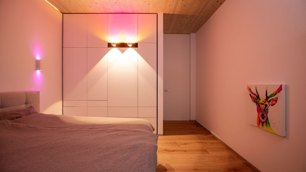 На фото: большая хозяйская спальня в современном стиле с белыми стенами, светлым паркетным полом, коричневым полом и деревянным потолком