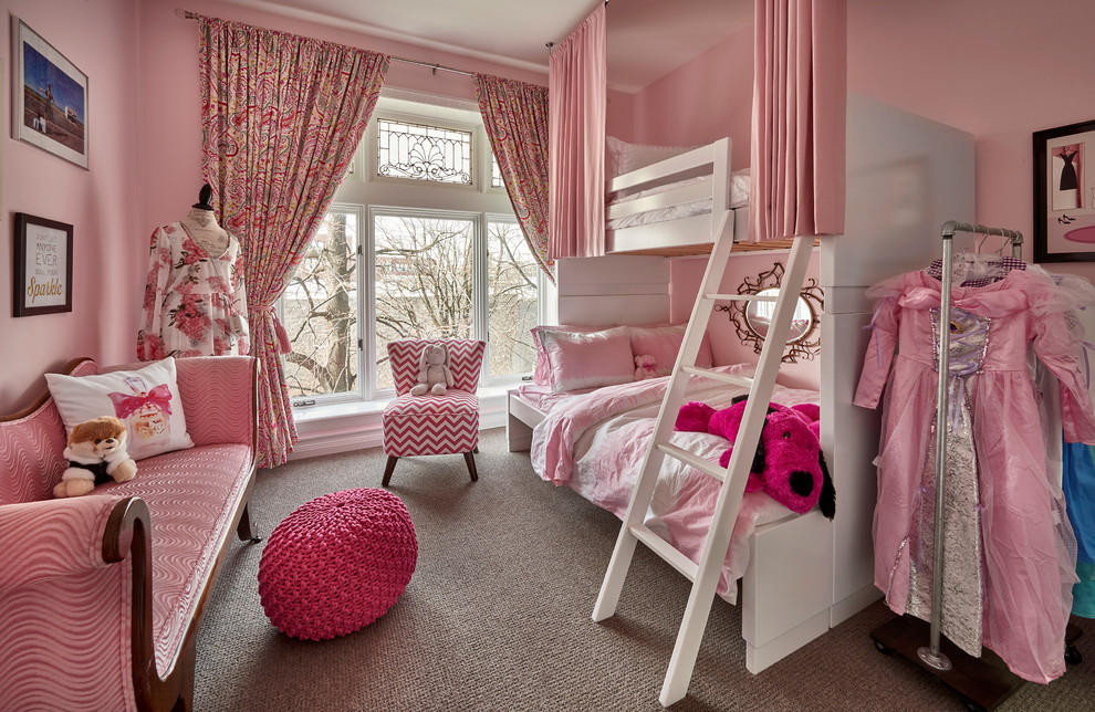 Mid-sized contemporary kids' bedroom in Chicago with pink walls and carpet for kids 4-10 years old and girls.