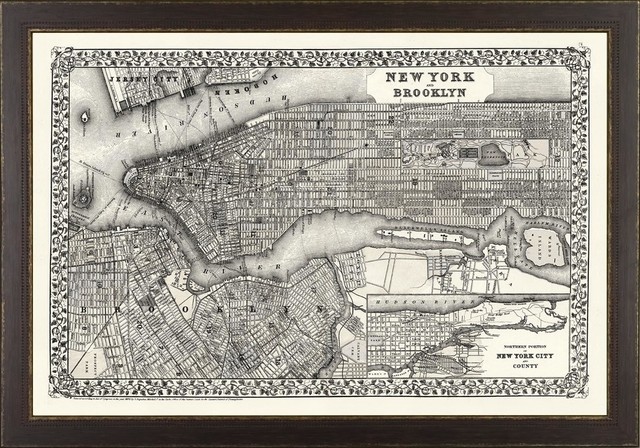 Maps Of Cities Framed Vintage Framed City Map Of New York City - Contemporary - Prints And  Posters - By Art Virtuoso | Houzz