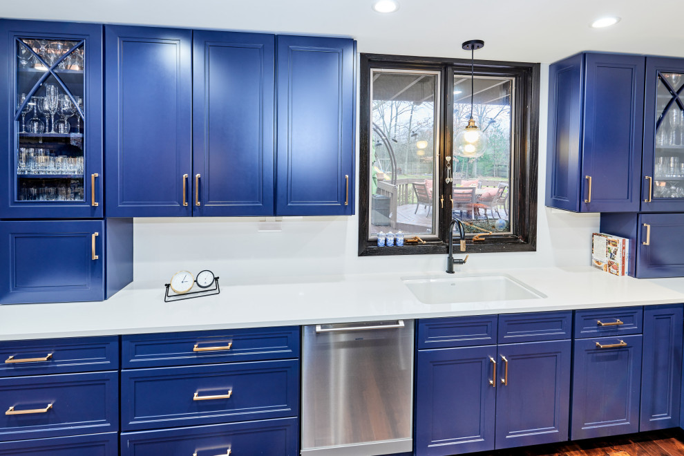 Navy & Brass Transitional Kitchen With Statement Wood Hood