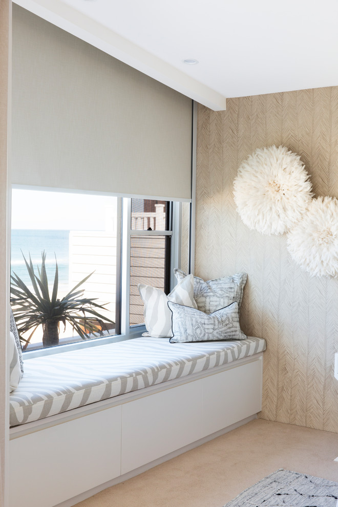 Design ideas for an expansive contemporary master bedroom in Gold Coast - Tweed with beige walls, carpet and beige floor.