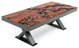 tables rustic table coffee unique river furniture log wood runs through base metal eclectic
