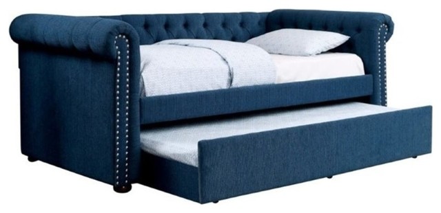 Pemberly Row Linen Tufted Daybed with Trundle in Dark Teal