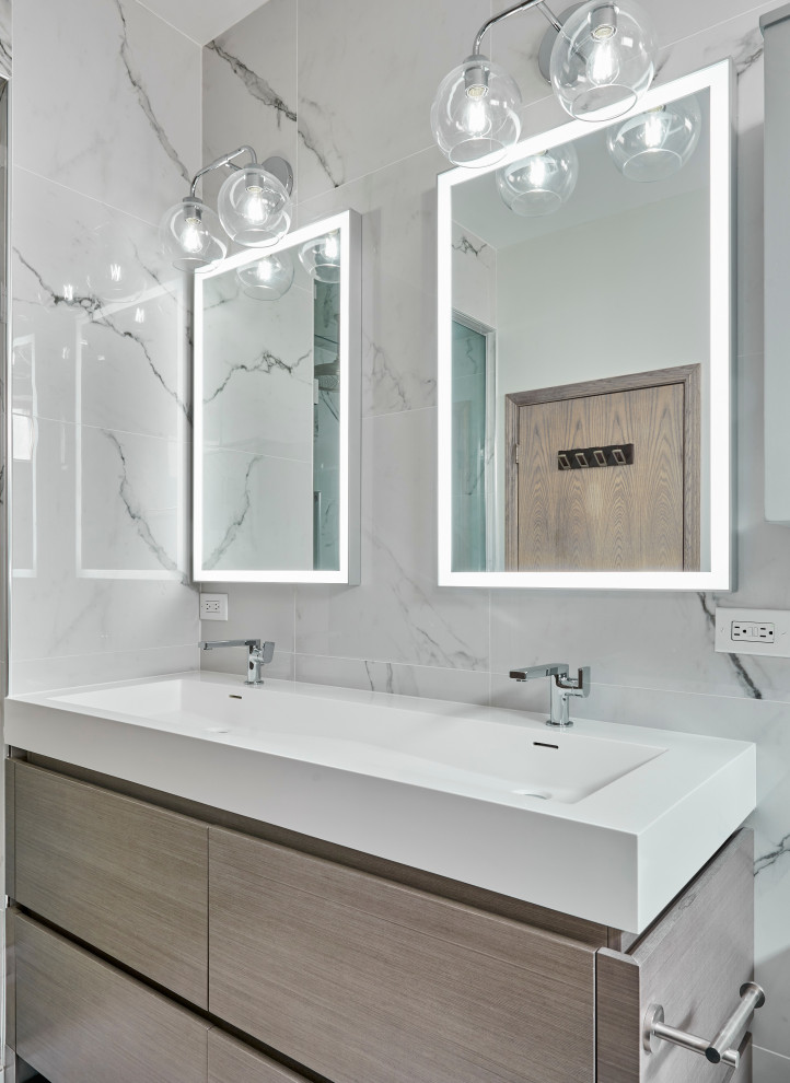 Inspiration for a medium sized modern ensuite wet room bathroom in Chicago with flat-panel cabinets, medium wood cabinets, a freestanding bath, white tiles, porcelain tiles, white walls, mosaic tile flooring, quartz worktops, white floors, a hinged door, white worktops, a shower bench, double sinks and a freestanding vanity unit.