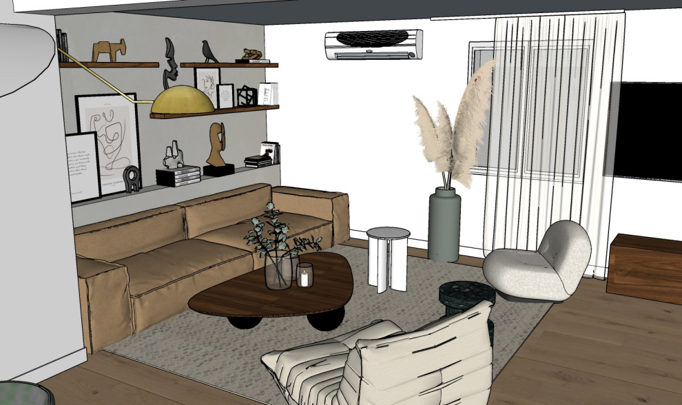 Großes Modernes Wohnzimmer mit beiger Wandfarbe, hellem Holzboden, Kaminofen und verstecktem TV in Sonstige