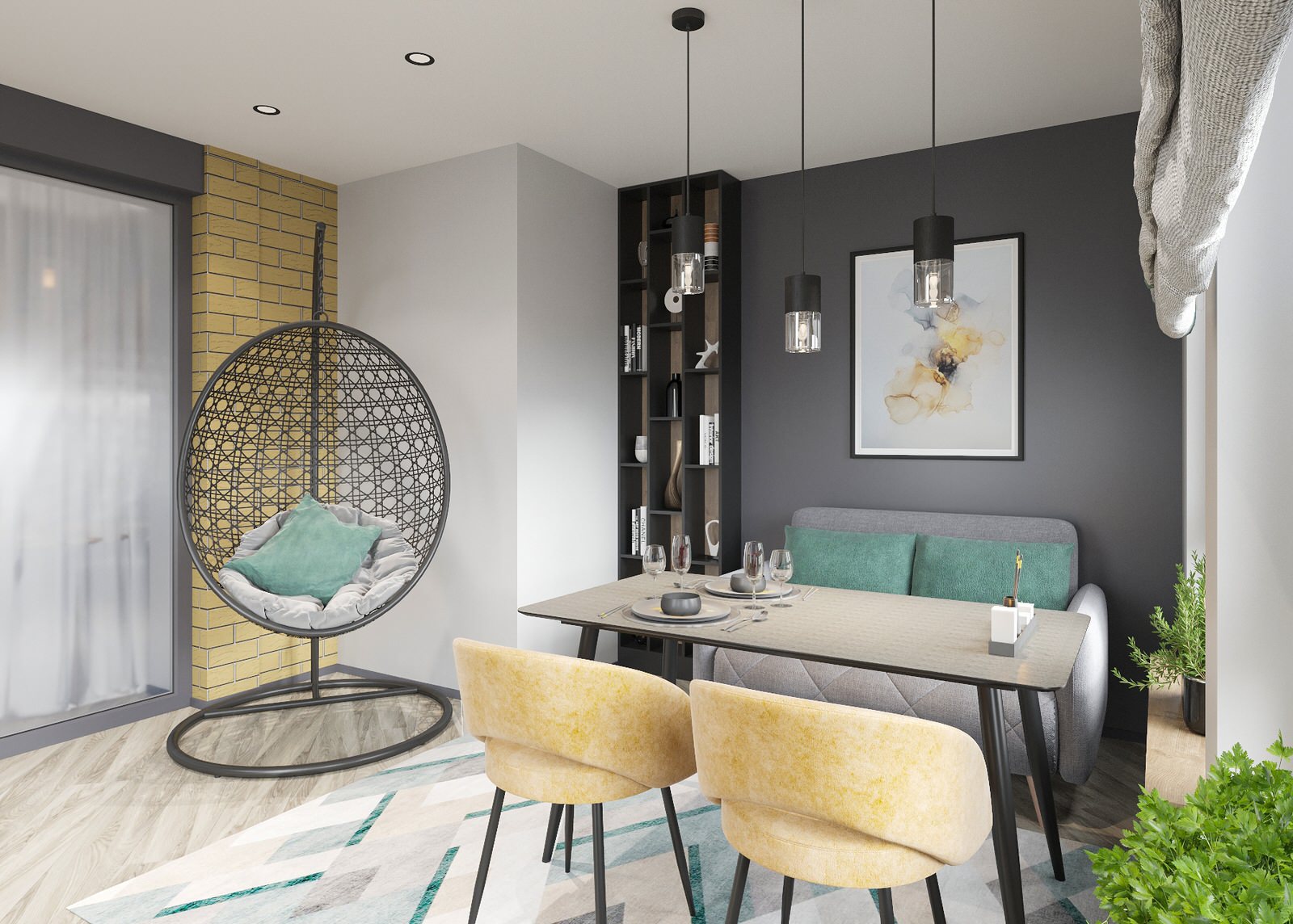 Кухня, гостиная и веранда жилого дома