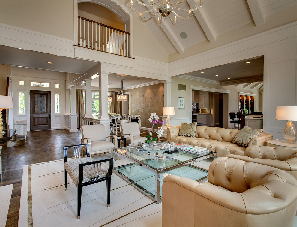 Inspiration for an expansive transitional open concept living room in Denver with beige walls.